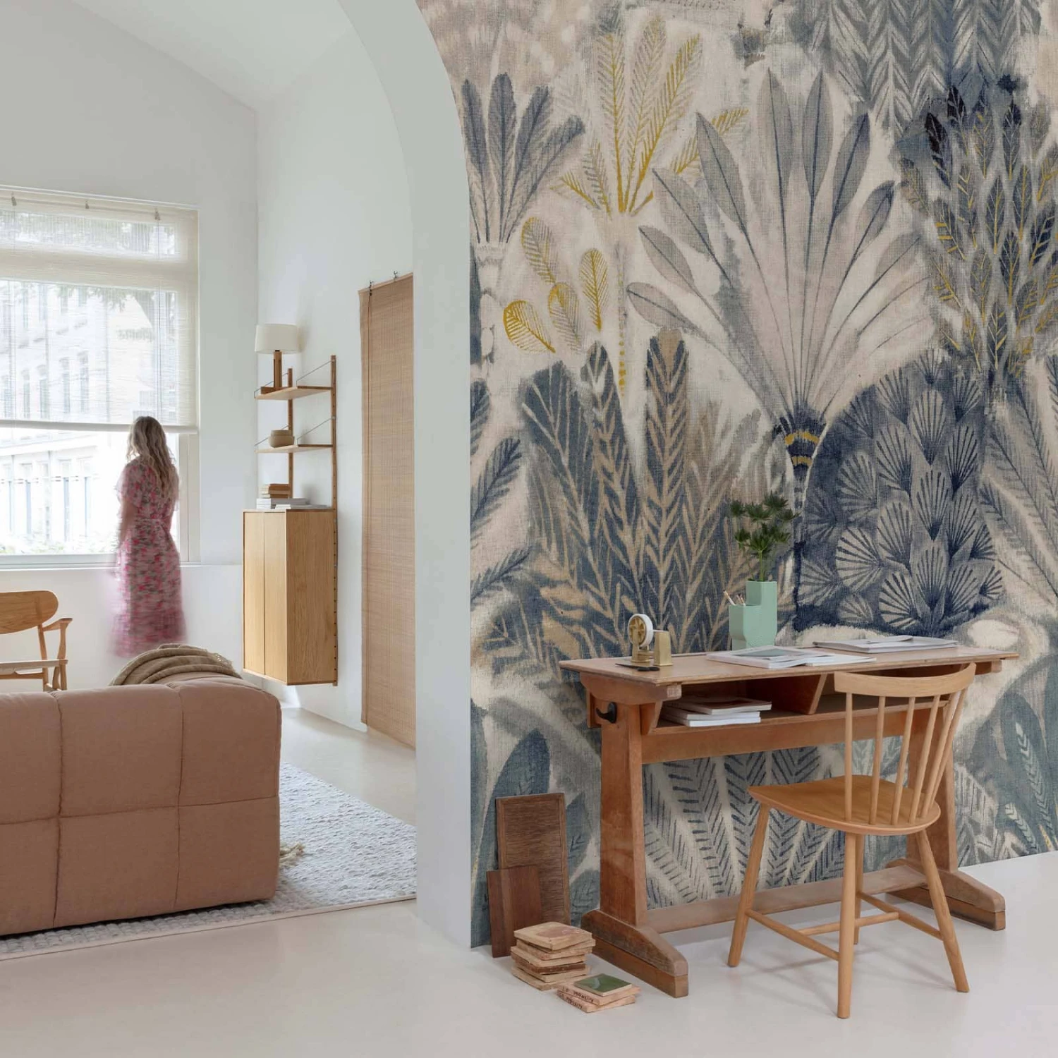 Digitaldruck Fächer Blattmuster Blau Beige Grau ML2901 3 Digitaldruck Fächer Blattmuster Blau Beige Grau ML2901